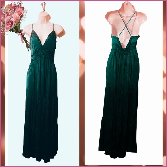 EMERALD GREEN CROSS BACK FRILLED TIERED MAXI DRESS Sz Small - Picture 6 of 10